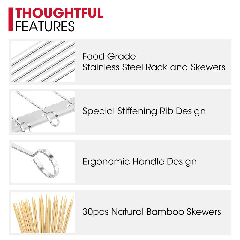 Unicook Stainless Steel BBQ Shish Kabob Set, Foldable Shish Kabob Holder with 6pcs 13"L Skewers, Reusable Grill Rack, Comes with 30pcs 12.5"L Bamboo Skewers for Party and Cookout - Image 5
